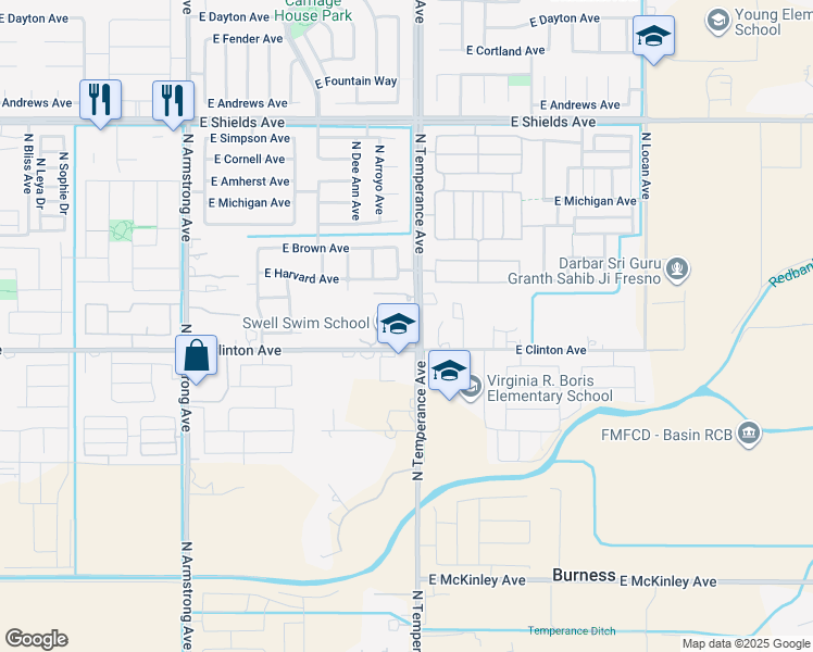 map of restaurants, bars, coffee shops, grocery stores, and more near 2520 North Temperance Avenue in Fresno
