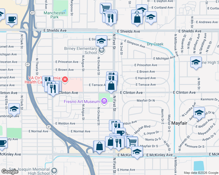 map of restaurants, bars, coffee shops, grocery stores, and more near in Fresno