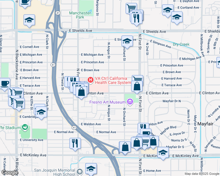 map of restaurants, bars, coffee shops, grocery stores, and more near in Fresno