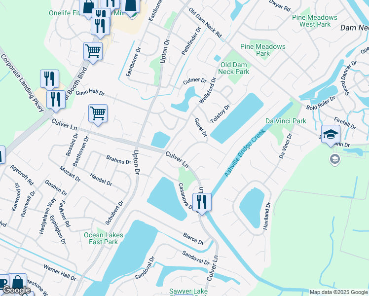 map of restaurants, bars, coffee shops, grocery stores, and more near 1889 Gershwin Drive in Virginia Beach