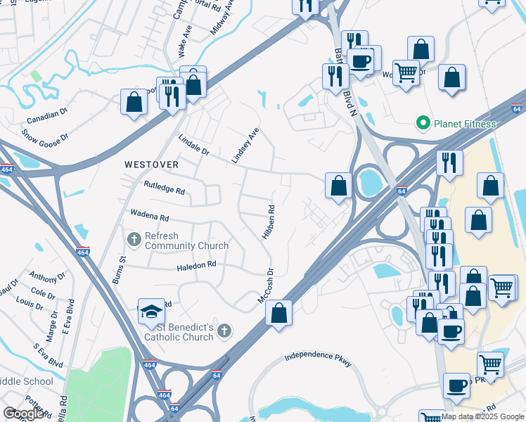 map of restaurants, bars, coffee shops, grocery stores, and more near 107 Duffield Place in Chesapeake