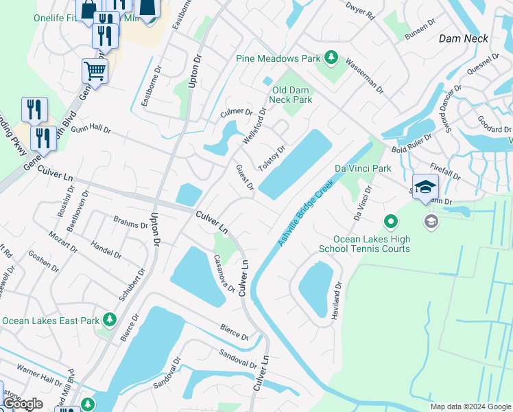 map of restaurants, bars, coffee shops, grocery stores, and more near 1832 Gershwin Drive in Virginia Beach