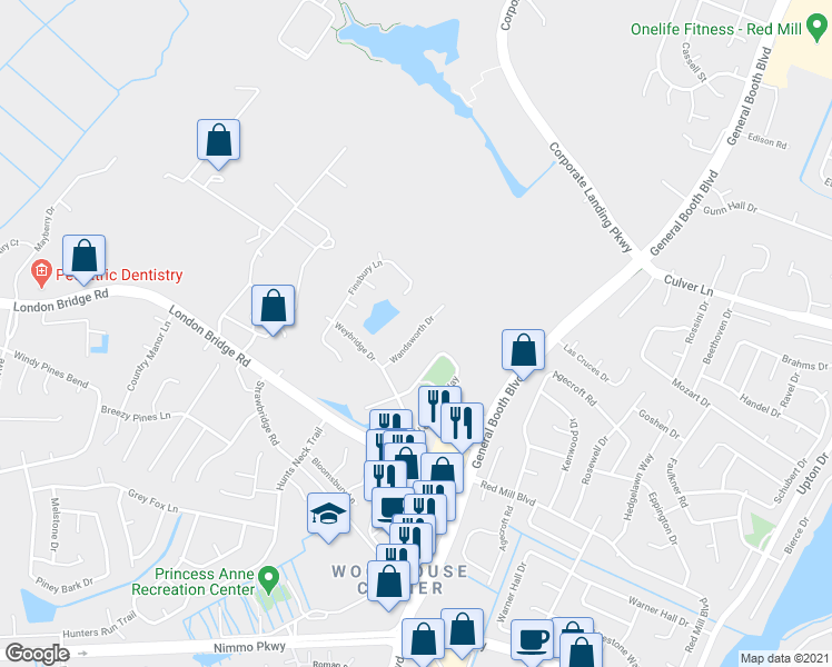 map of restaurants, bars, coffee shops, grocery stores, and more near 1836 Wandsworth Drive in Virginia Beach