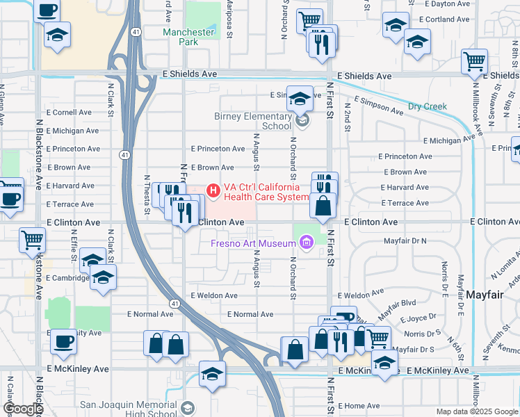 map of restaurants, bars, coffee shops, grocery stores, and more near 2908 East Terrace Avenue in Fresno