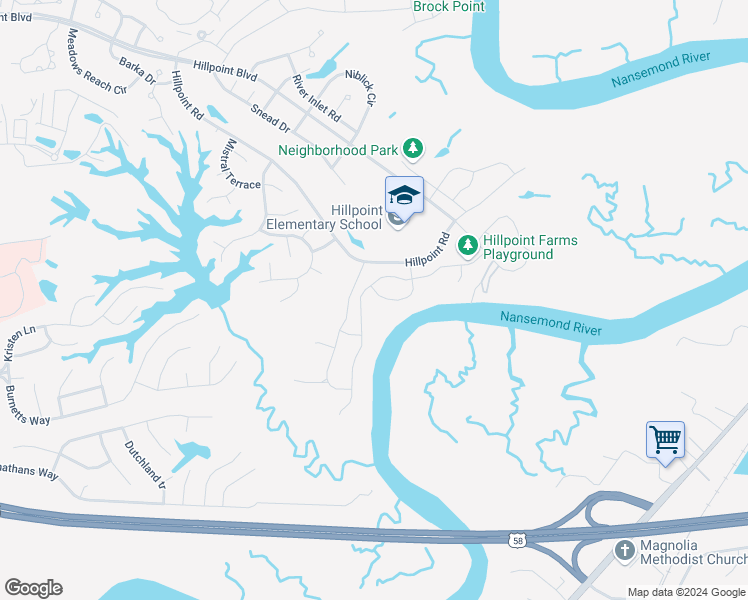 map of restaurants, bars, coffee shops, grocery stores, and more near 2529 Saint Martin Drive in Suffolk