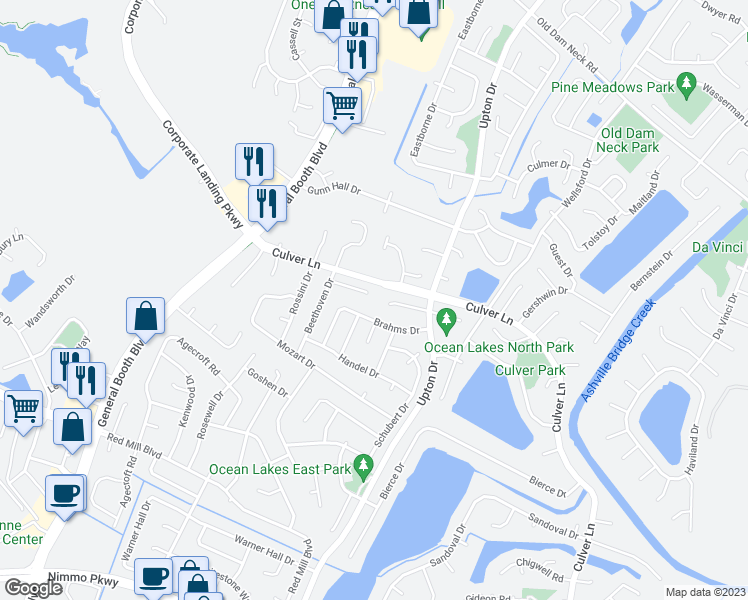 map of restaurants, bars, coffee shops, grocery stores, and more near 1201 Beethoven Court in Virginia Beach