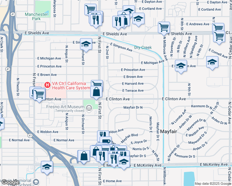 map of restaurants, bars, coffee shops, grocery stores, and more near 3219 East Clinton Avenue in Fresno