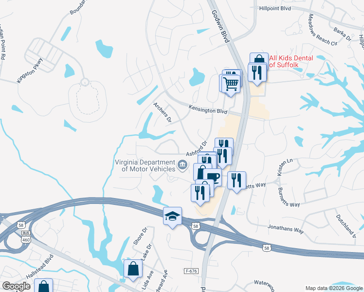 map of restaurants, bars, coffee shops, grocery stores, and more near 135 Ashford Drive in Suffolk