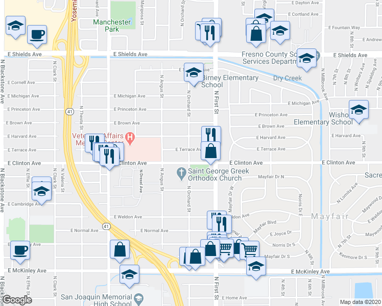 map of restaurants, bars, coffee shops, grocery stores, and more near 3004 East Terrace Avenue in Fresno