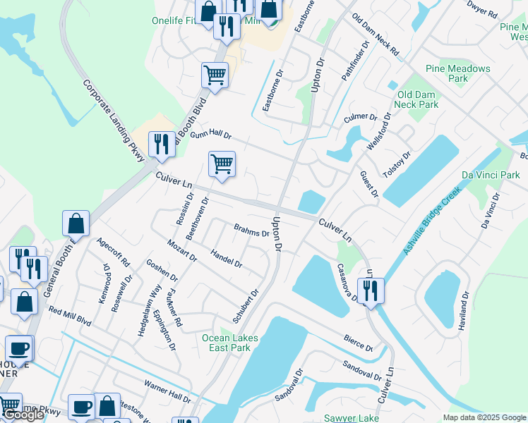 map of restaurants, bars, coffee shops, grocery stores, and more near 1201 Mendelssohn Court in Virginia Beach