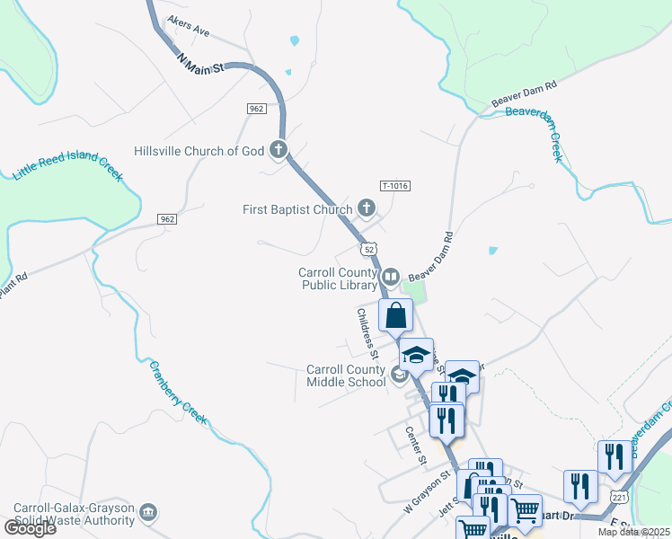 map of restaurants, bars, coffee shops, grocery stores, and more near 1338 North Main Street in Hillsville