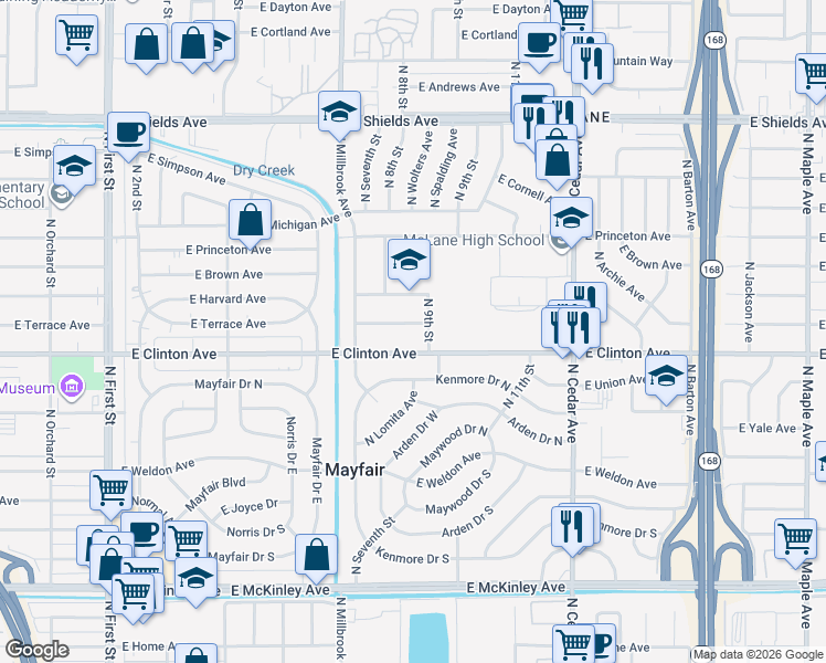 map of restaurants, bars, coffee shops, grocery stores, and more near 3875 North 9th Street in Fresno