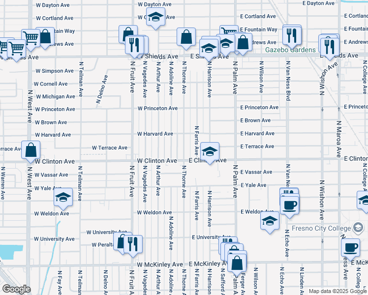 map of restaurants, bars, coffee shops, grocery stores, and more near 2411 North Farris Avenue in Fresno