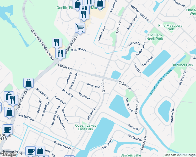 map of restaurants, bars, coffee shops, grocery stores, and more near 1201 Mendelssohn Court in Virginia Beach