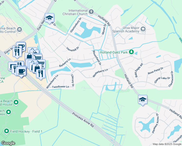 map of restaurants, bars, coffee shops, grocery stores, and more near 2012 Basswood Court in Virginia Beach