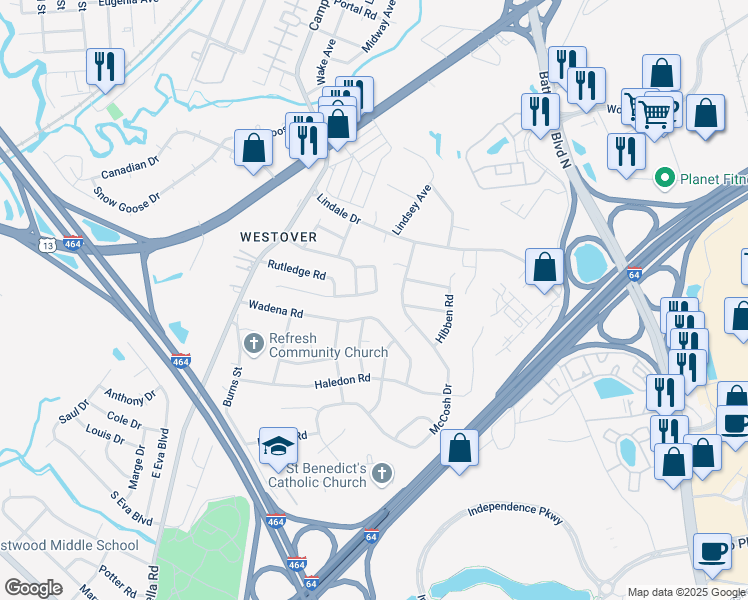 map of restaurants, bars, coffee shops, grocery stores, and more near 1004 Wadena Road in Chesapeake