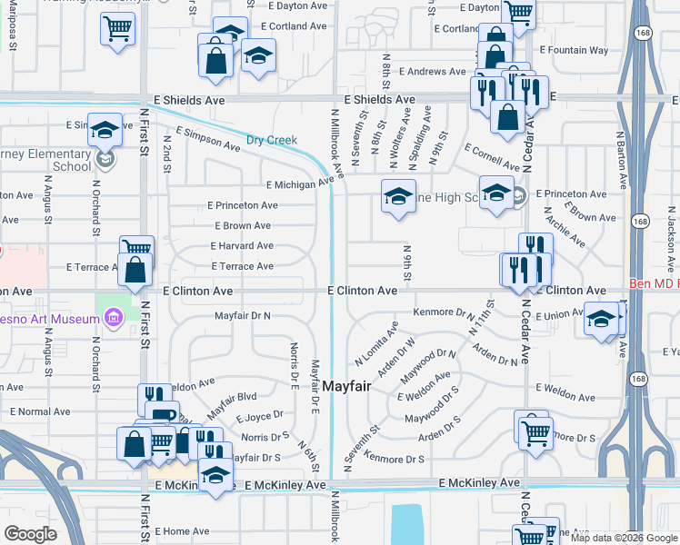 map of restaurants, bars, coffee shops, grocery stores, and more near 2411 North Millbrook Avenue in Fresno