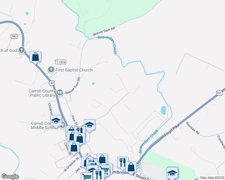 map of restaurants, bars, coffee shops, grocery stores, and more near 1200 Maple Drive in Hillsville