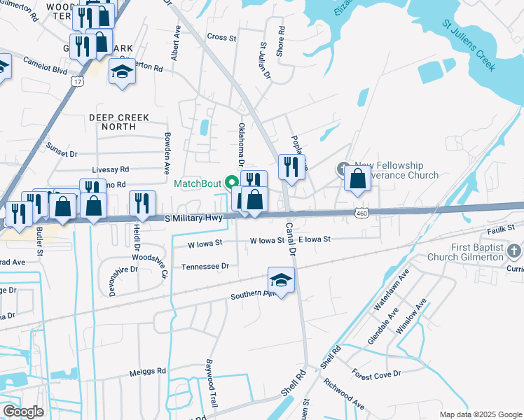 map of restaurants, bars, coffee shops, grocery stores, and more near 3021 South Military Highway in Chesapeake