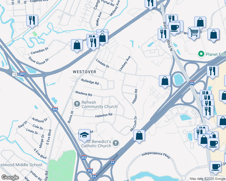 map of restaurants, bars, coffee shops, grocery stores, and more near 1004 Wadena Road in Chesapeake