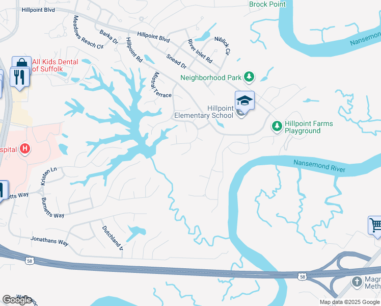 map of restaurants, bars, coffee shops, grocery stores, and more near 107 Windsor Court in Suffolk
