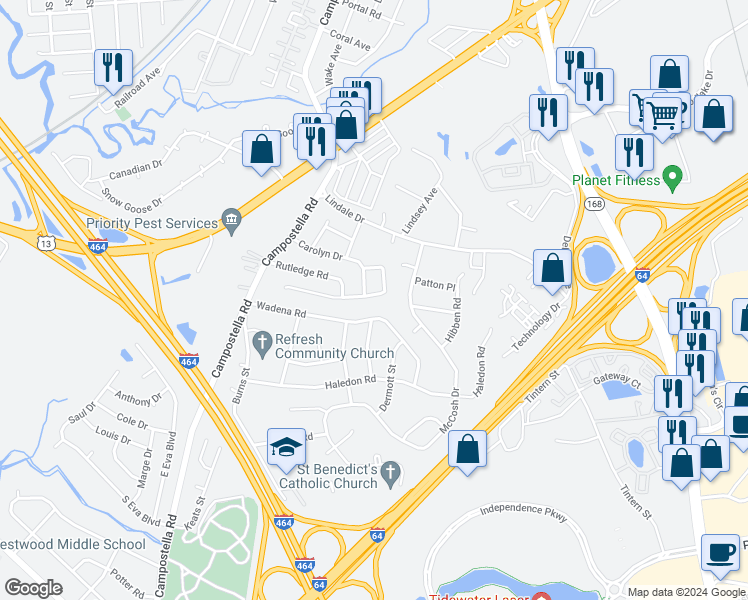 map of restaurants, bars, coffee shops, grocery stores, and more near 907 Gene Crescent in Chesapeake