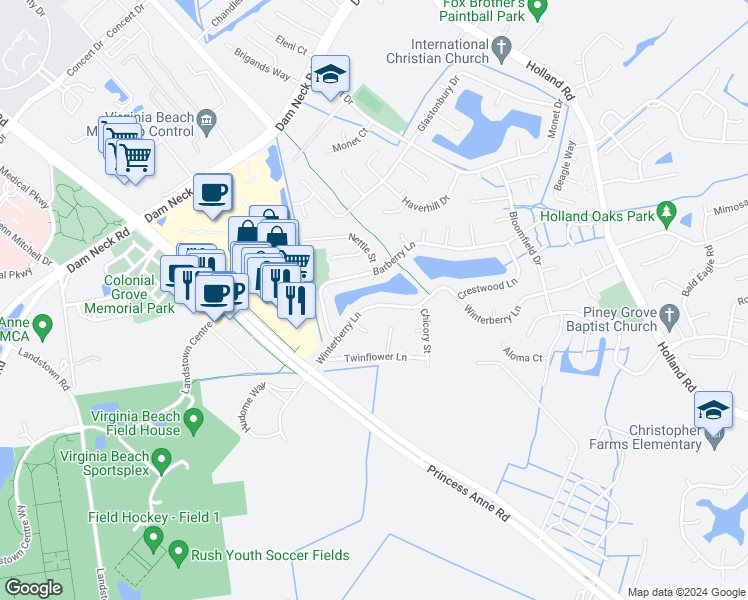 map of restaurants, bars, coffee shops, grocery stores, and more near 3244 Winterberry Lane in Virginia Beach