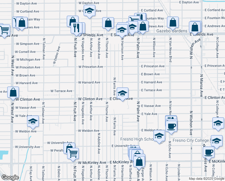 map of restaurants, bars, coffee shops, grocery stores, and more near 2443 North Farris Avenue in Fresno