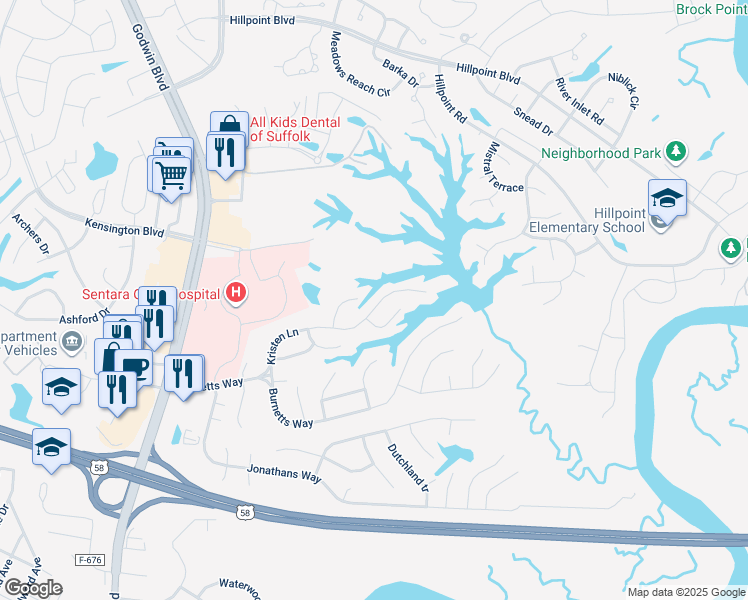 map of restaurants, bars, coffee shops, grocery stores, and more near 164 Kristen Lane in Suffolk