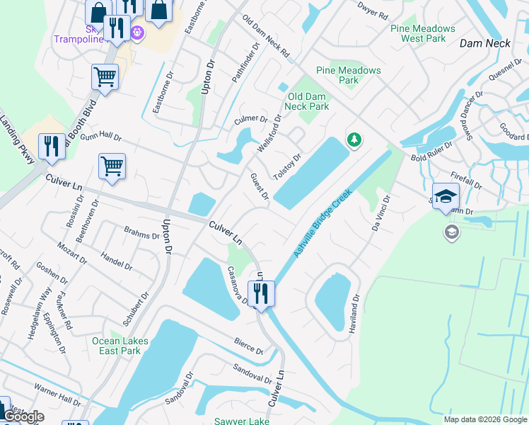 map of restaurants, bars, coffee shops, grocery stores, and more near 1868 Eunice Court in Virginia Beach
