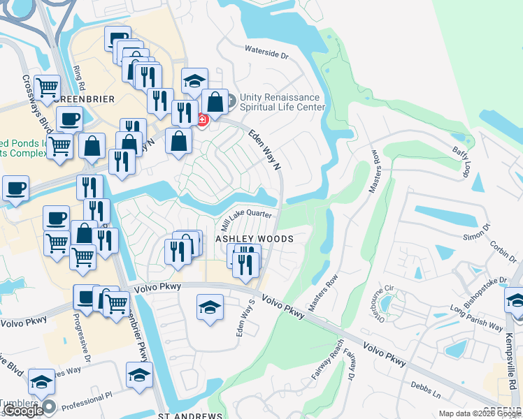 map of restaurants, bars, coffee shops, grocery stores, and more near 1243 Mill Stream Way in Chesapeake