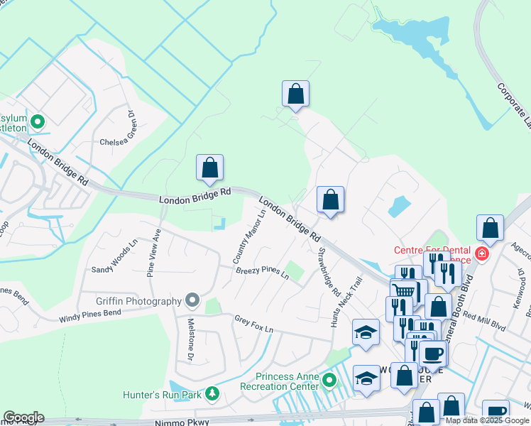 map of restaurants, bars, coffee shops, grocery stores, and more near 1904 Country Manor Lane in Virginia Beach