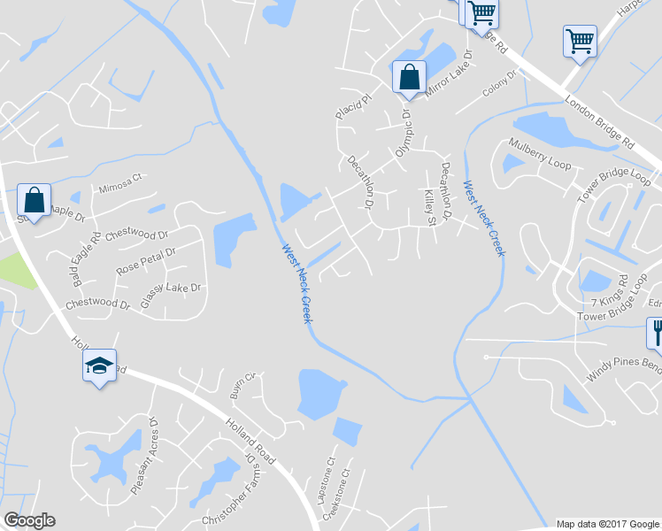 map of restaurants, bars, coffee shops, grocery stores, and more near Saint Regis Lane in Virginia Beach