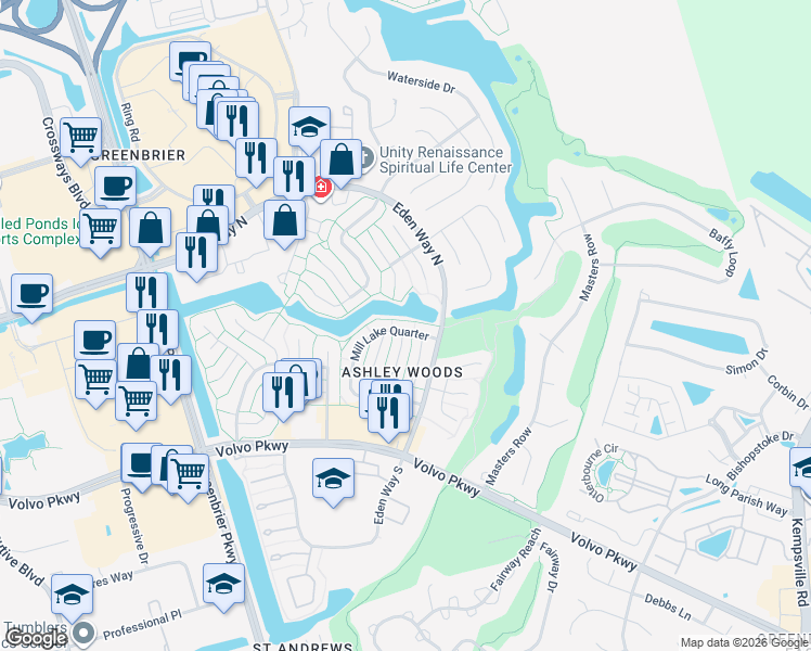 map of restaurants, bars, coffee shops, grocery stores, and more near 1243 Mill Stream Way in Chesapeake