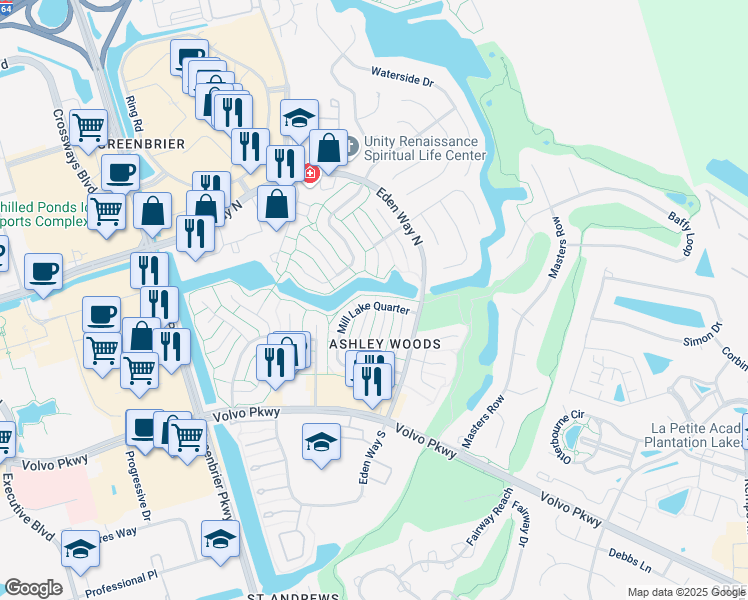 map of restaurants, bars, coffee shops, grocery stores, and more near 1243 Mill Stream Way in Chesapeake