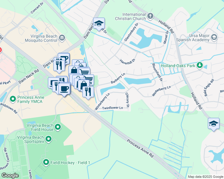 map of restaurants, bars, coffee shops, grocery stores, and more near 3244 Winterberry Lane in Virginia Beach