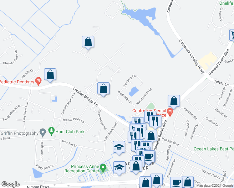 map of restaurants, bars, coffee shops, grocery stores, and more near 1904 Weybridge Circle in Virginia Beach