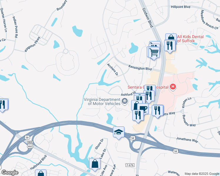 map of restaurants, bars, coffee shops, grocery stores, and more near 123 Dunbar Drive in Suffolk