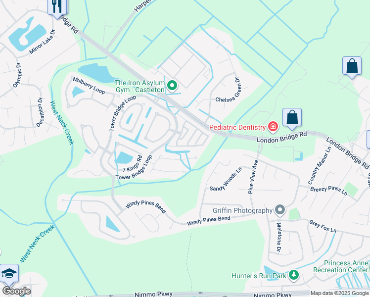 map of restaurants, bars, coffee shops, grocery stores, and more near 2400 Covent Garden Road in Virginia Beach