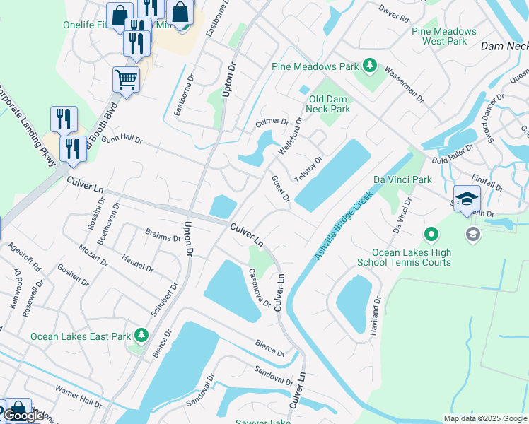 map of restaurants, bars, coffee shops, grocery stores, and more near 1869 Gershwin Drive in Virginia Beach