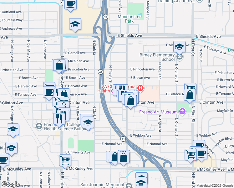 map of restaurants, bars, coffee shops, grocery stores, and more near 2335 East Terrace Avenue in Fresno