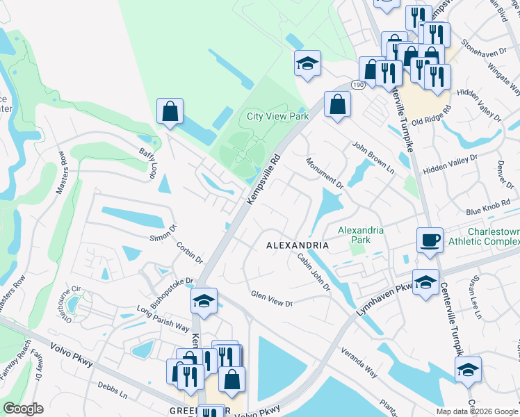 map of restaurants, bars, coffee shops, grocery stores, and more near 2108 Marymount Arch in Virginia Beach
