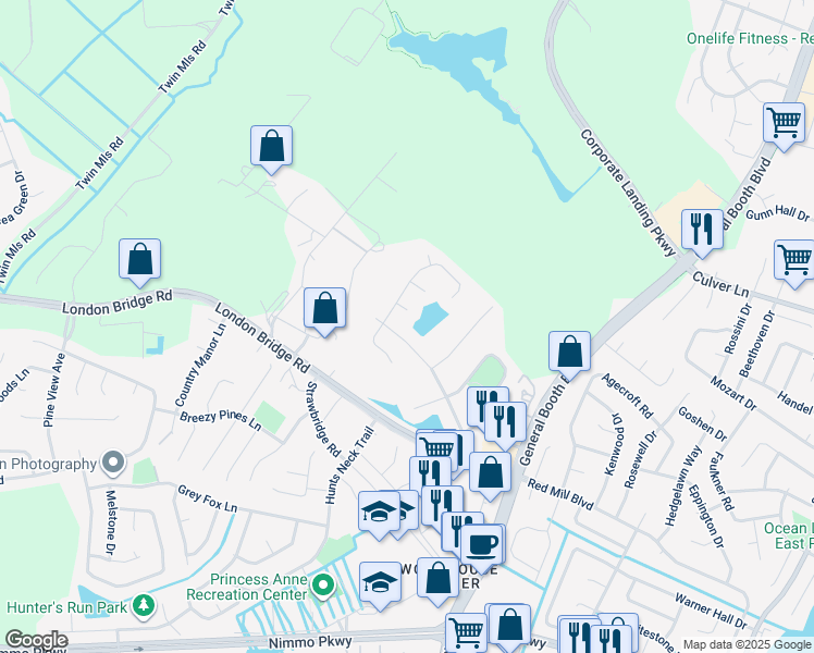 map of restaurants, bars, coffee shops, grocery stores, and more near 2124 Weybridge Drive in Virginia Beach
