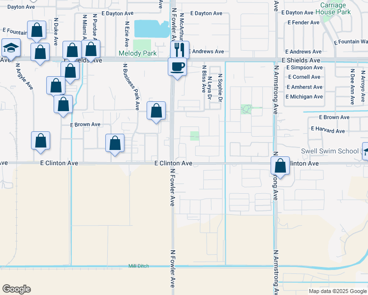 map of restaurants, bars, coffee shops, grocery stores, and more near 2601 North Whittier Avenue in Fresno
