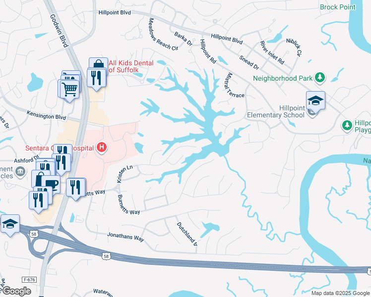 map of restaurants, bars, coffee shops, grocery stores, and more near 177 Kristen Lane in Suffolk