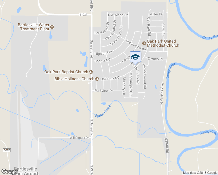 map of restaurants, bars, coffee shops, grocery stores, and more near 303 Parkview Drive in Bartlesville