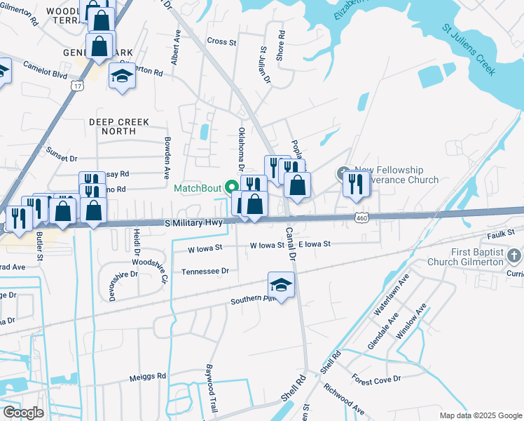 map of restaurants, bars, coffee shops, grocery stores, and more near 3021 South Military Highway in Chesapeake