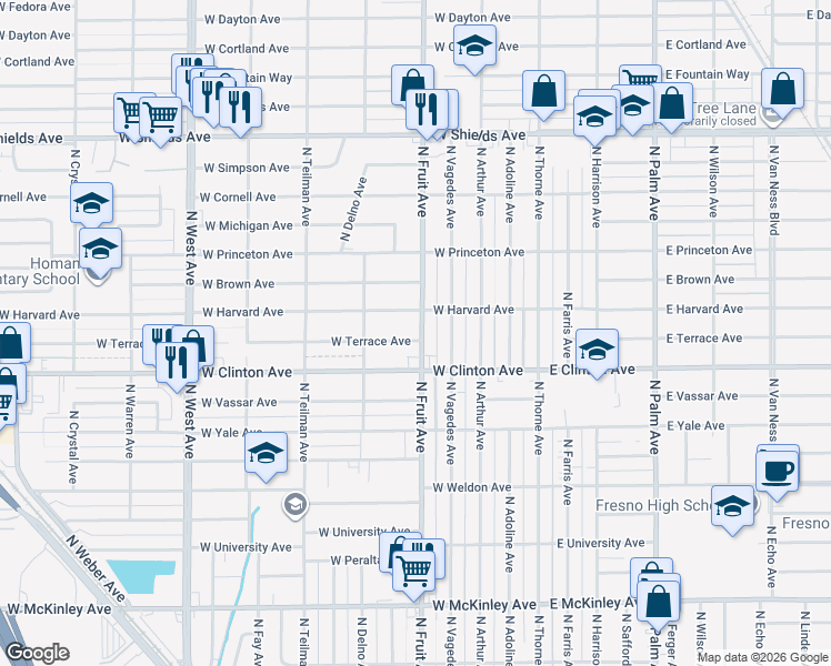 map of restaurants, bars, coffee shops, grocery stores, and more near 506 West Terrace Avenue in Fresno