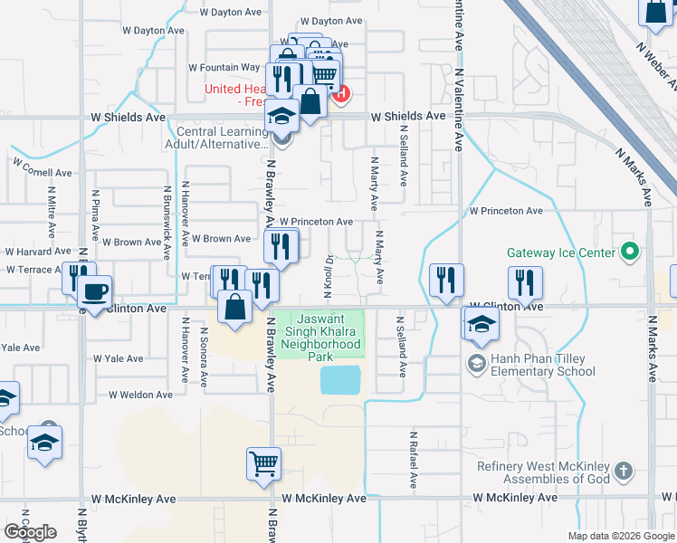 map of restaurants, bars, coffee shops, grocery stores, and more near 3650 West Terrace Avenue in Fresno