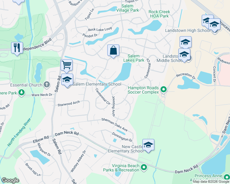 map of restaurants, bars, coffee shops, grocery stores, and more near 3889 Jousting Arch in Virginia Beach